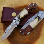 Copper Damascus Folding Knife with Ram Horn & Rose Wood Handle