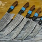 Damascus Steel Chef Set 5 Pieces, Turquoise & Rose Wood Chef Set