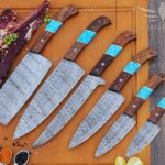 Damascus Steel Chef Set Knives, 6 Pieces with Turquoise & Rose Wood Handle