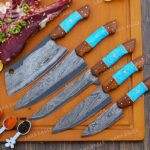 5 Pieces San-Mai Damascus Chef Knives with Turquoise & Rosewood Handle