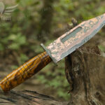 Copper Damascus K Bar Hunting Knife – Exotic Burl Wood Handle