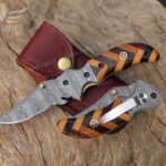 Handmade Damascus Steel Pocket Knife - Rose Wood & Olive Wood with Damascus Bolsters