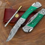Damascus Steel Pocket Knife - Malachite Gemstone Handle